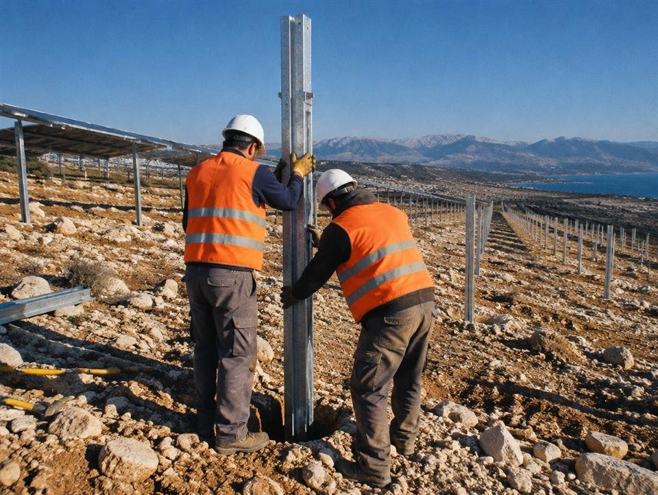 Önceden delinen deliğe konstrüksiyon ayağı yerleşir