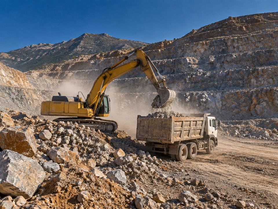 Patlatma sonrası: kırıcıya uygun boyutta malzeme yüklemeye hazır